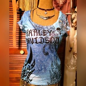 👕🔥 *SOLD*Harley Davidson Allover Print SKULL Jersey shirt top Size small